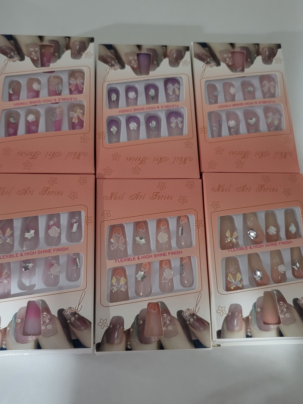 Nail Art Press-On Set  - Pink & Purple Accent. Set Of 6